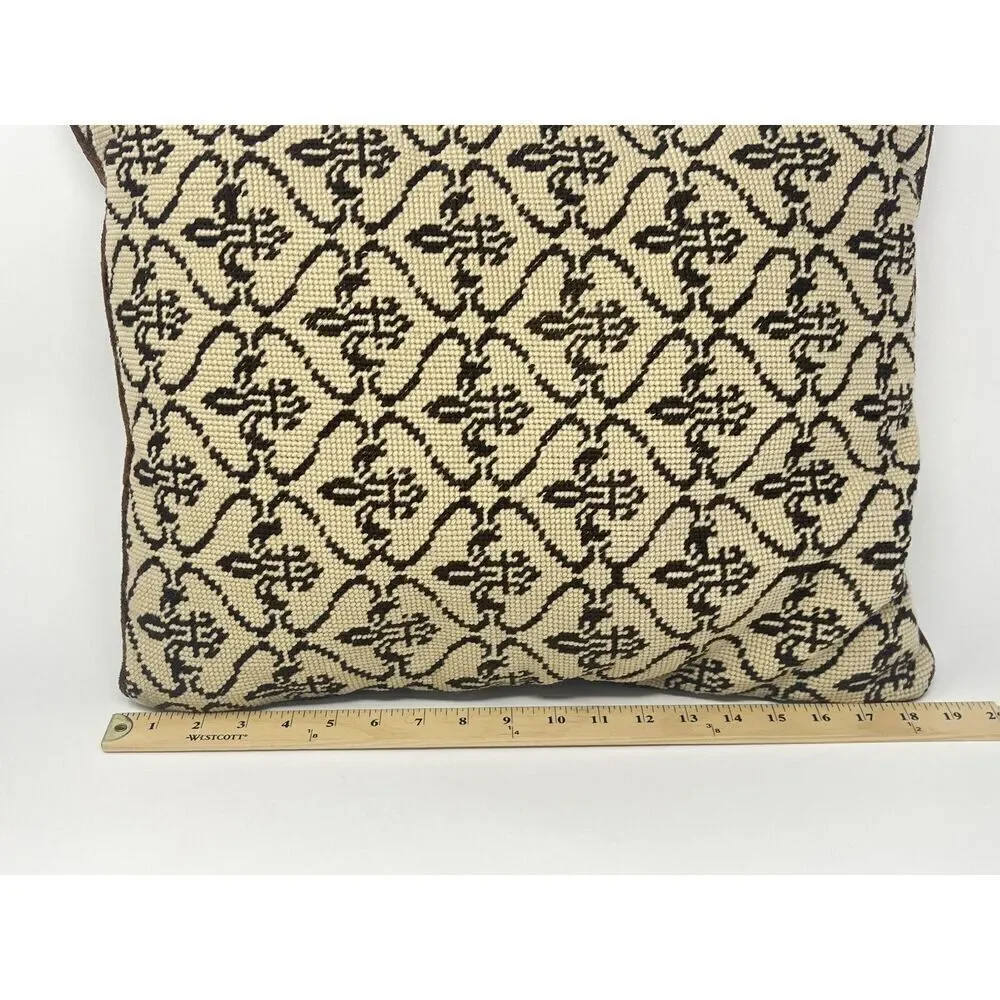 Vintage Fleur de Lis Needlepoint Pillow Brown Cream 15” x 19” Velvet Back